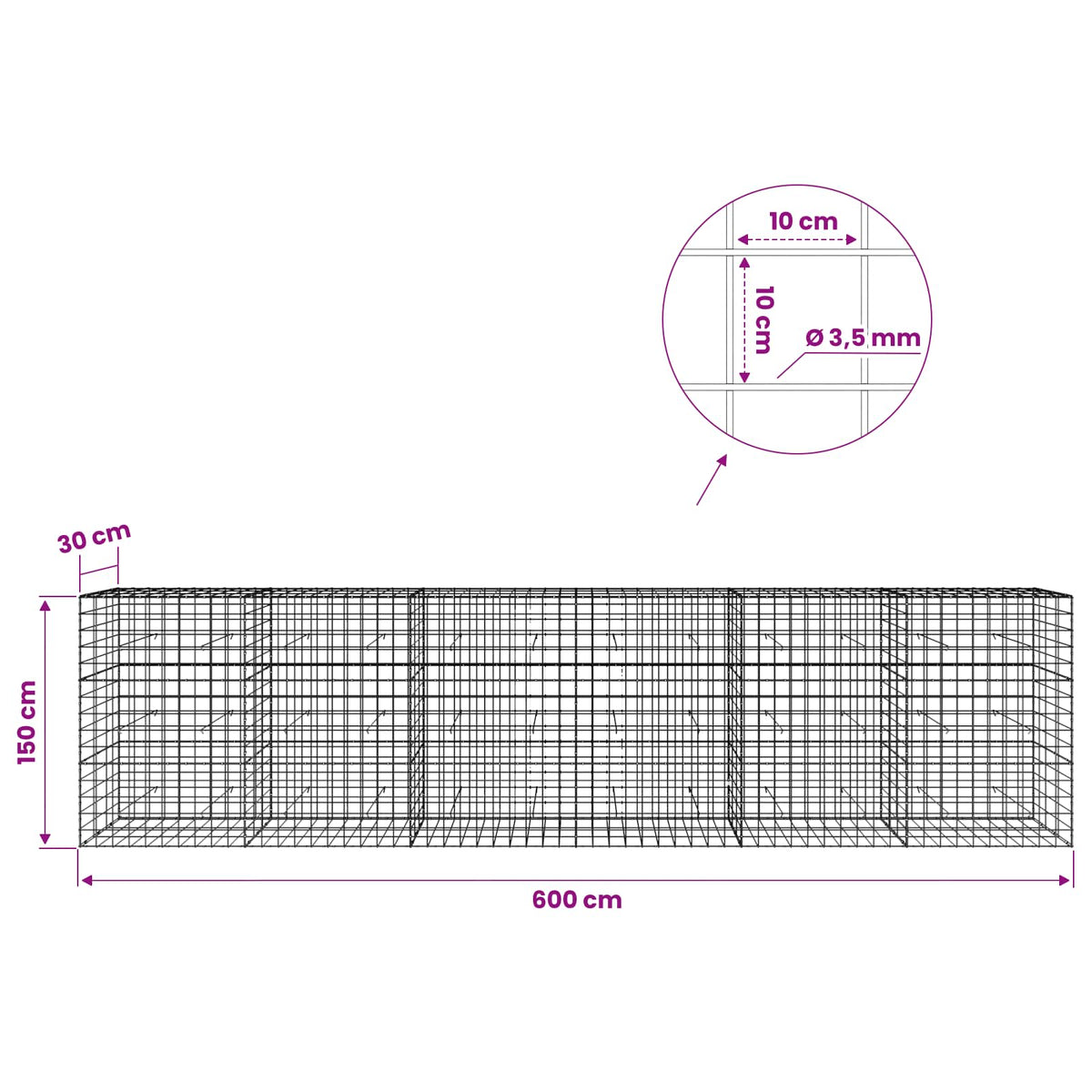Gabionas su 3,5 mm viela ir 10x10 cm tinkleliu 600x30x150 cm