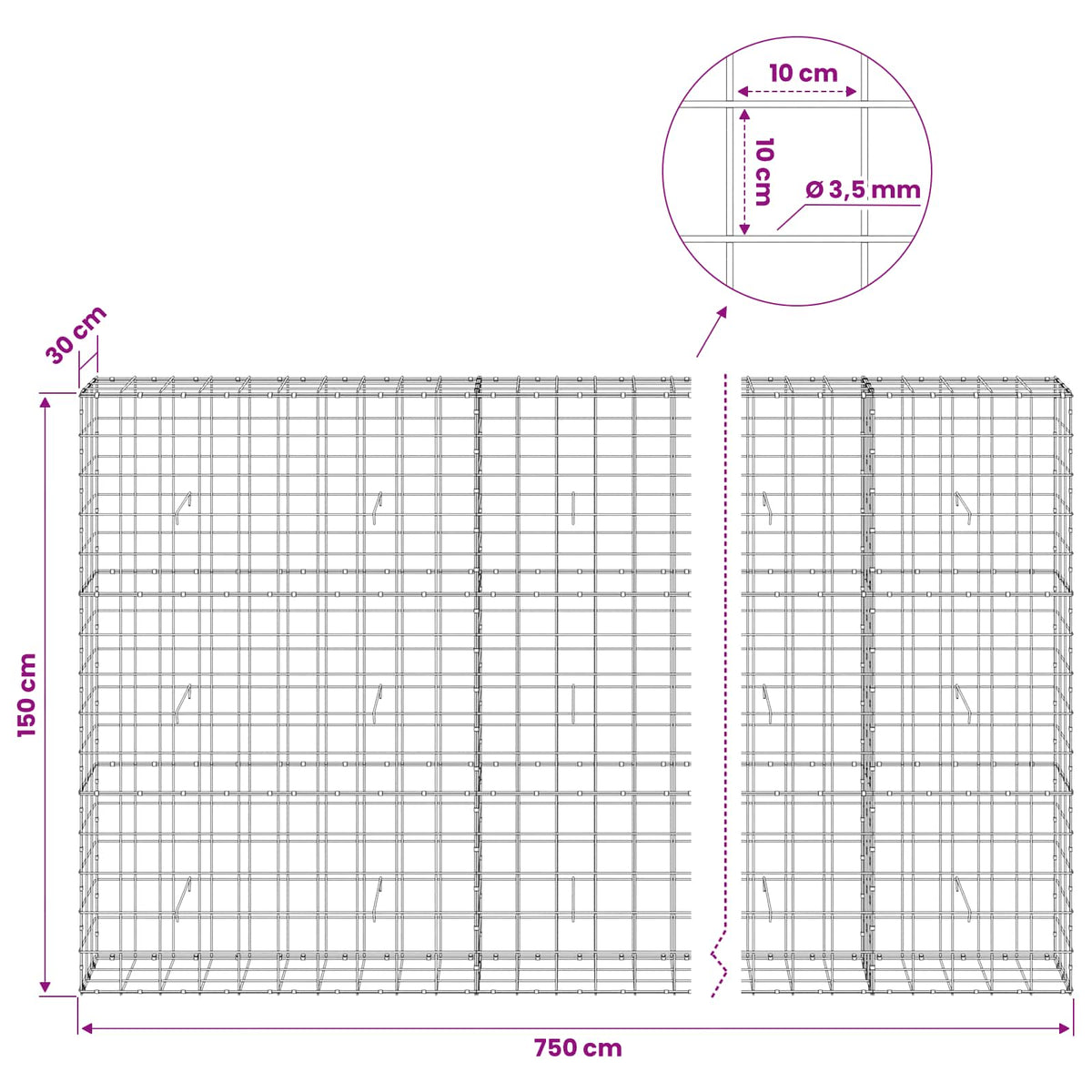 Gabionas su 3,5 mm viela ir 10x10 cm tinkleliu 750x30x150 cm