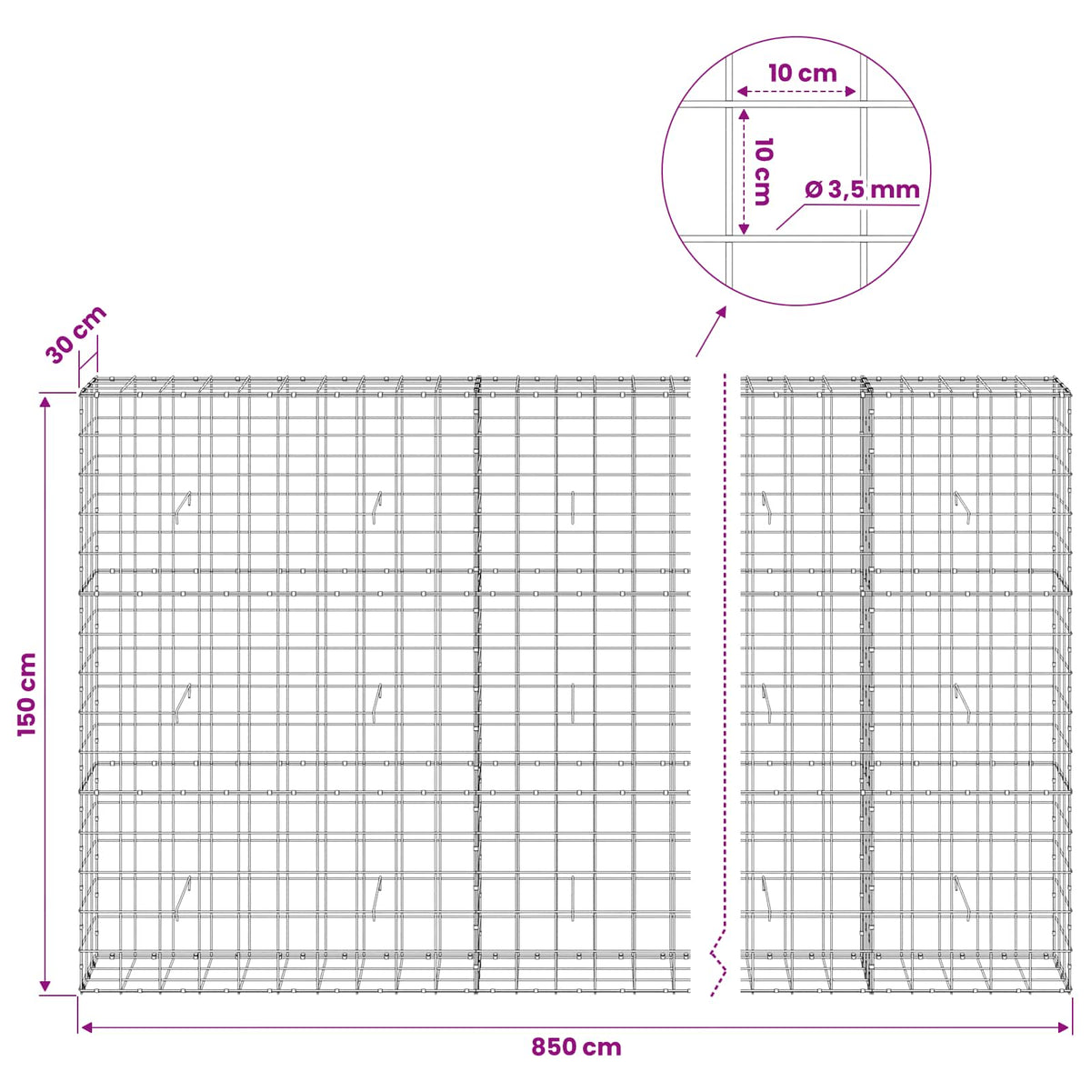 Gabionas su 3,5 mm viela ir 10x10 cm tinkleliu 850x30x150 cm
