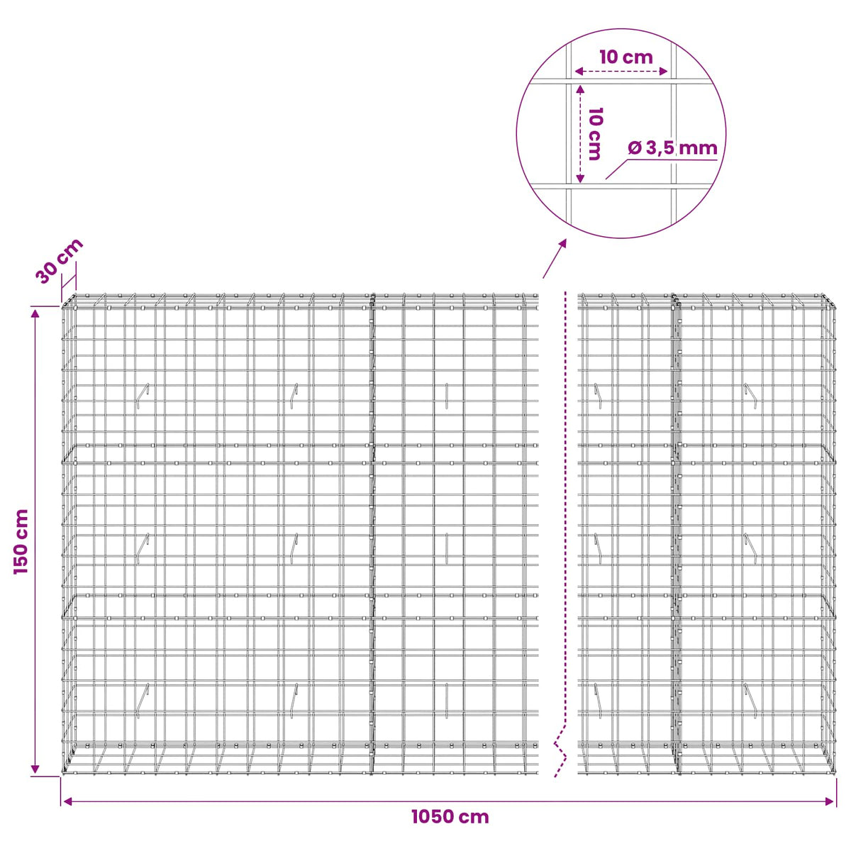Gabionas su 3,5 mm viela ir 10x10 cm tinkleliu 1050x30x150 cm