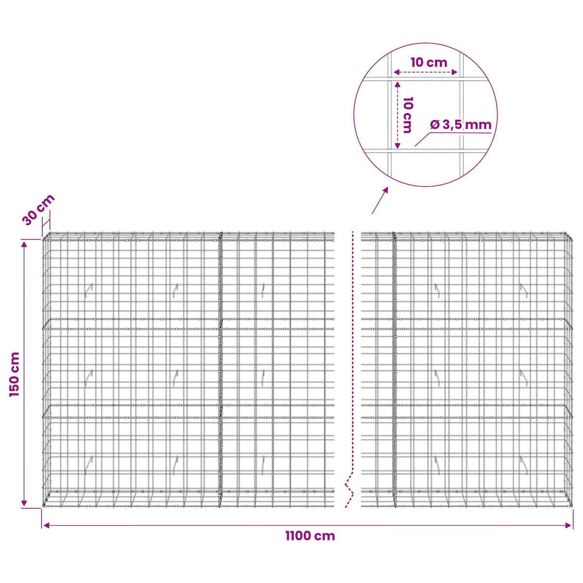 Gabionas su 3,5 mm viela ir 10x10 cm tinkleliu 1100x30x150 cm