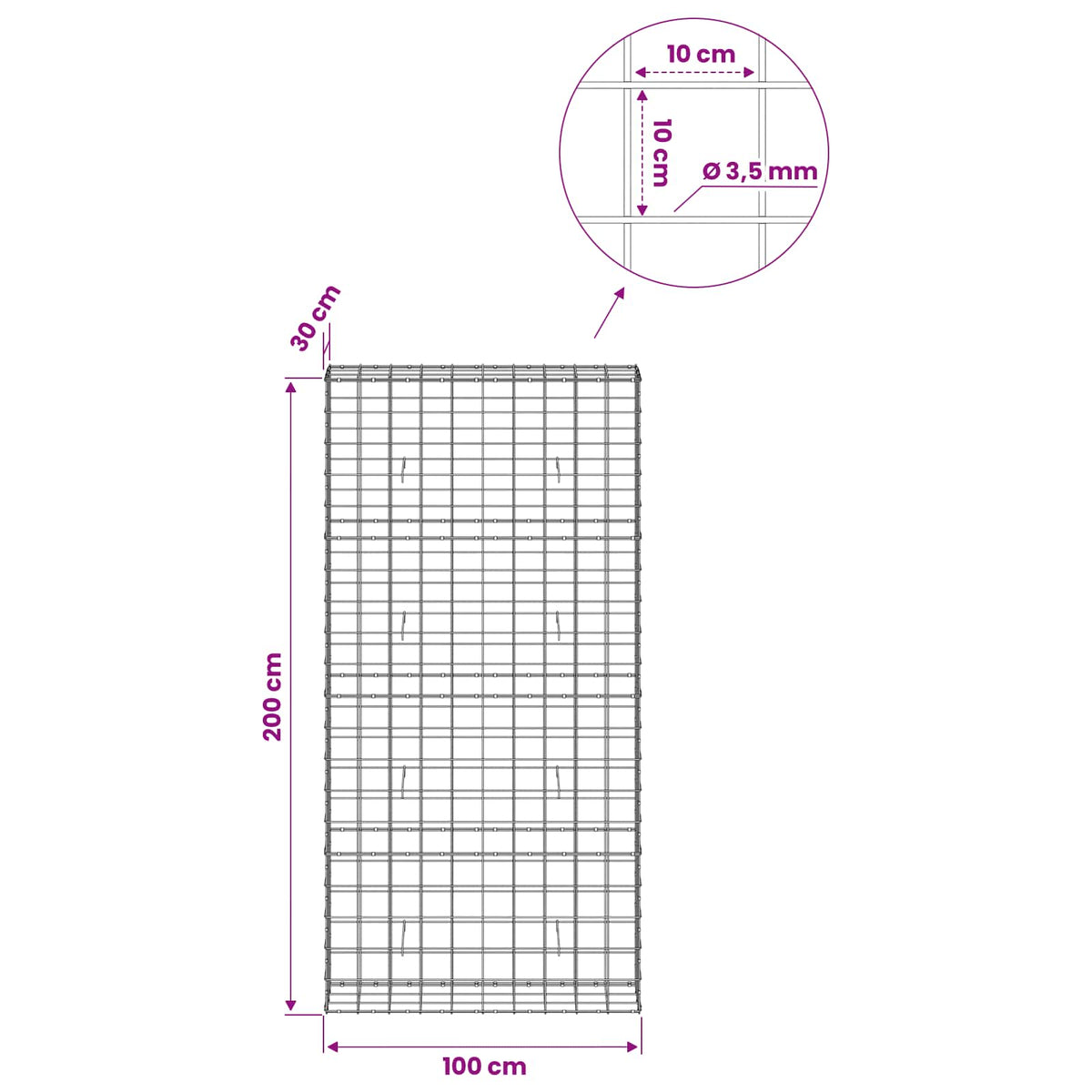 Gabionas su 3,5 mm viela ir 10x10 cm tinkleliu 100x30x200 cm
