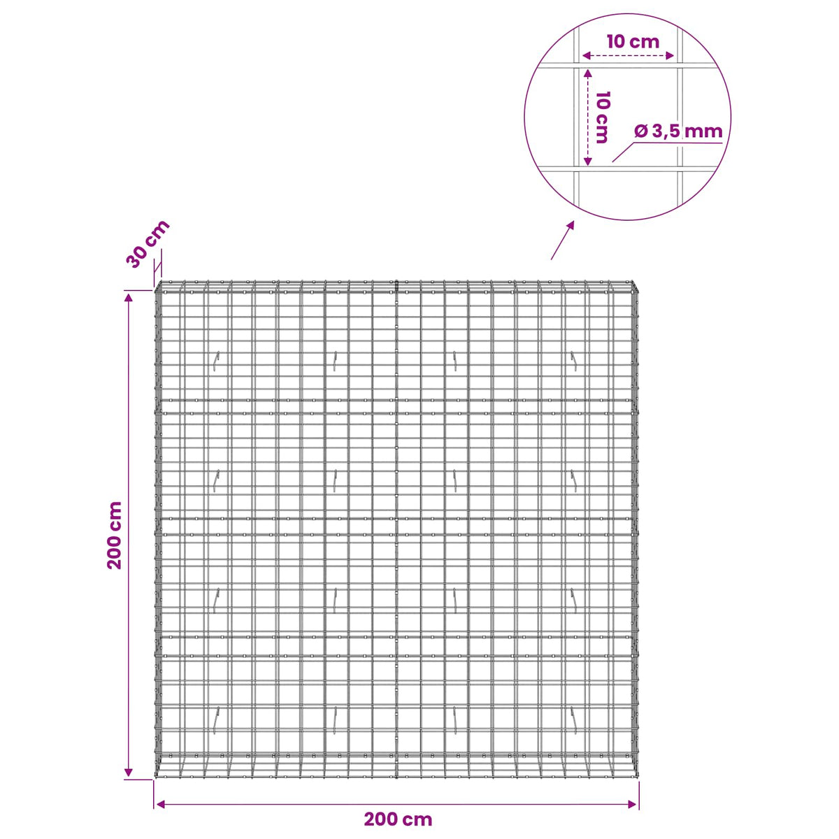 Gabionas su 3,5 mm viela ir 10x10 cm tinkleliu 200x30x200 cm