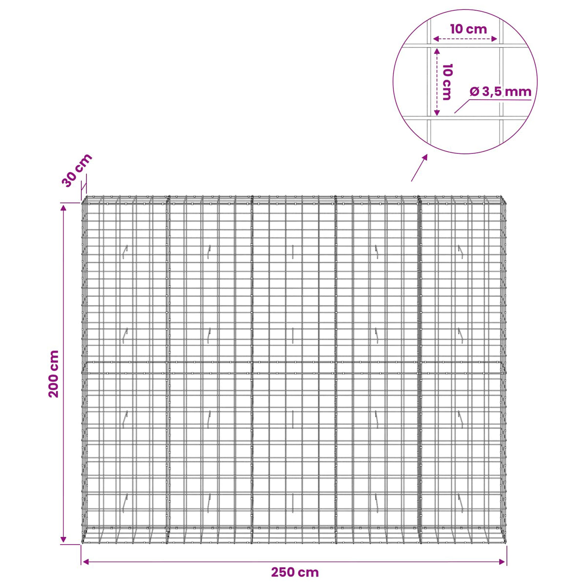 Gabionas su 3,5 mm viela ir 10x10 cm tinkleliu 250x30x200 cm