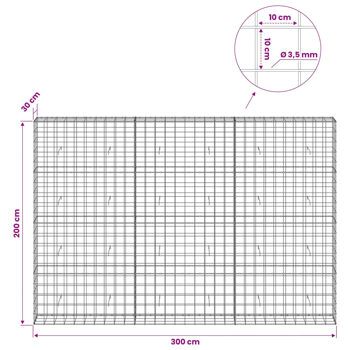 Gabionas su 3,5 mm viela ir 10x10 cm tinkleliu 300x30x200 cm