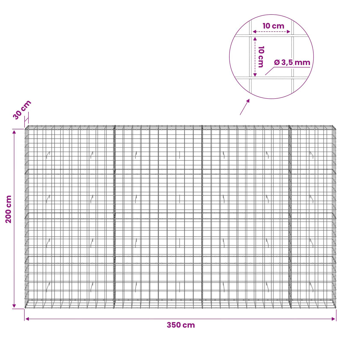 Gabionas su 3,5 mm viela ir 10x10 cm tinkleliu 350x30x200 cm