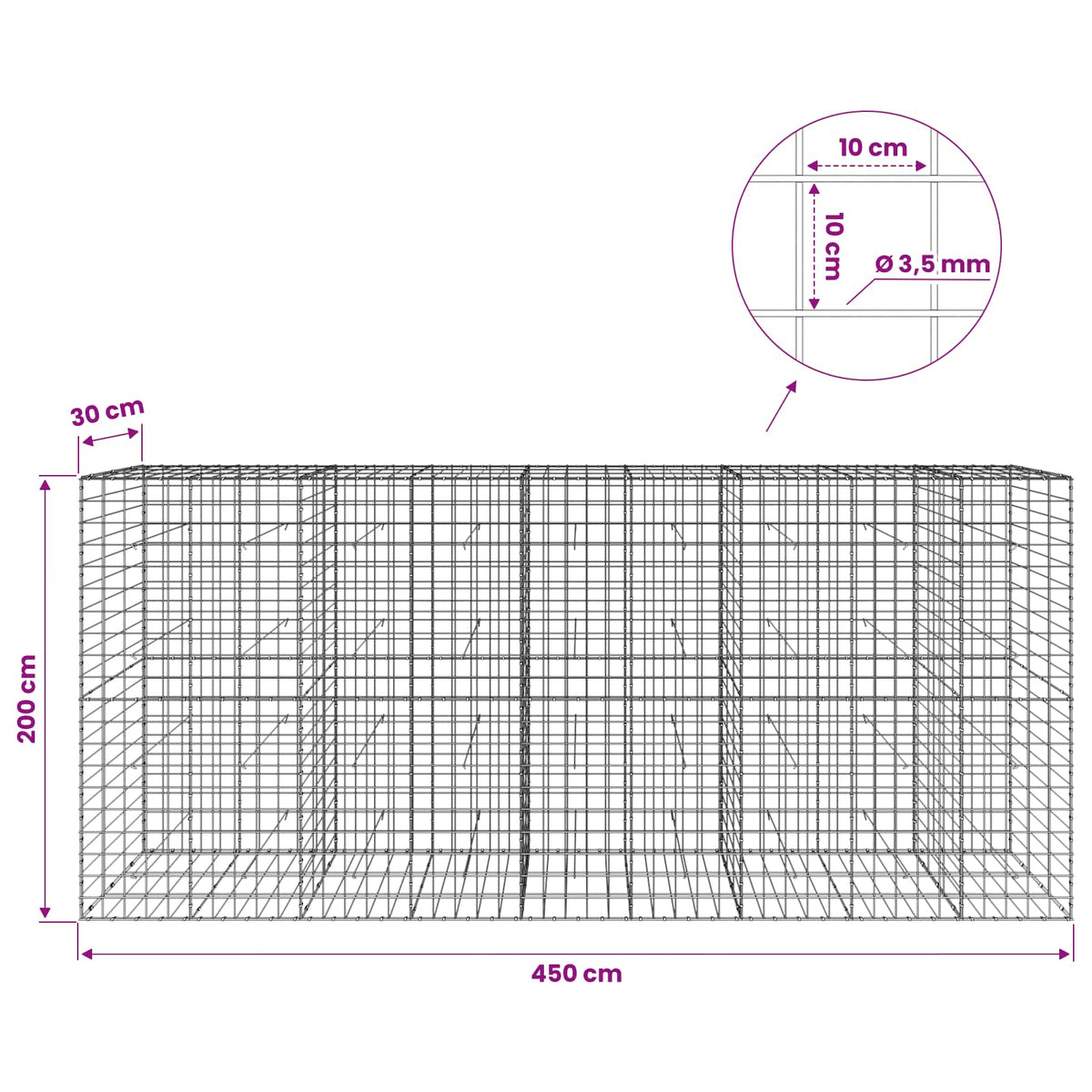 Gabionas su 3,5 mm viela ir 10x10 cm tinkleliu 450x30x200 cm
