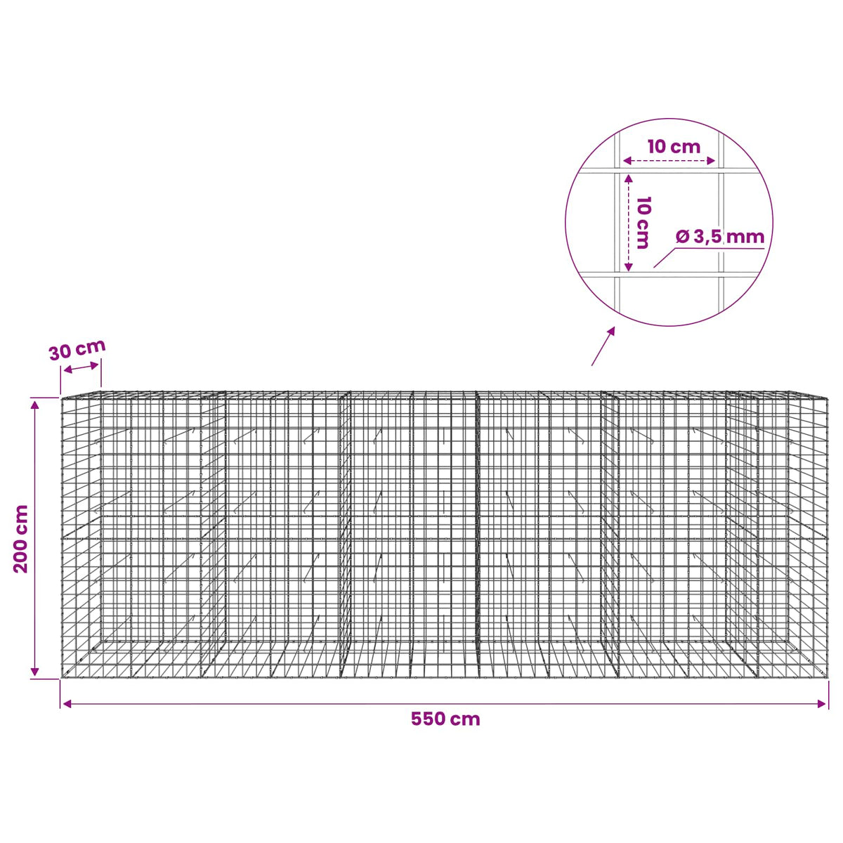 Gabionas su 3,5 mm viela ir 10x10 cm tinkleliu 550x30x200 cm