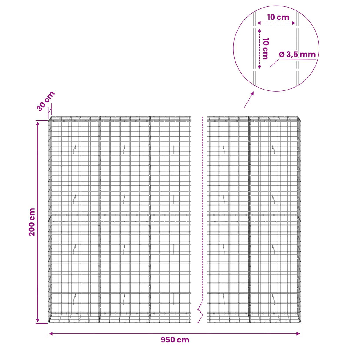 Gabionas su 3,5 mm viela ir 10x10 cm tinkleliu 950x30x200 cm