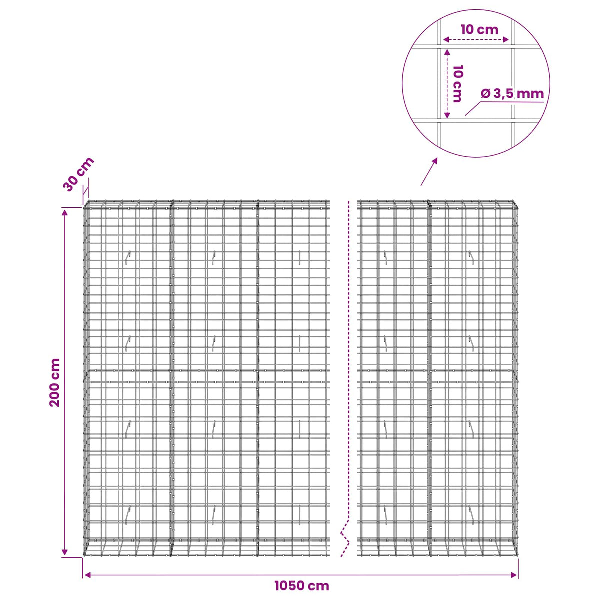 Gabionas su 3,5 mm viela ir 10x10 cm tinkleliu 1050x30x200 cm
