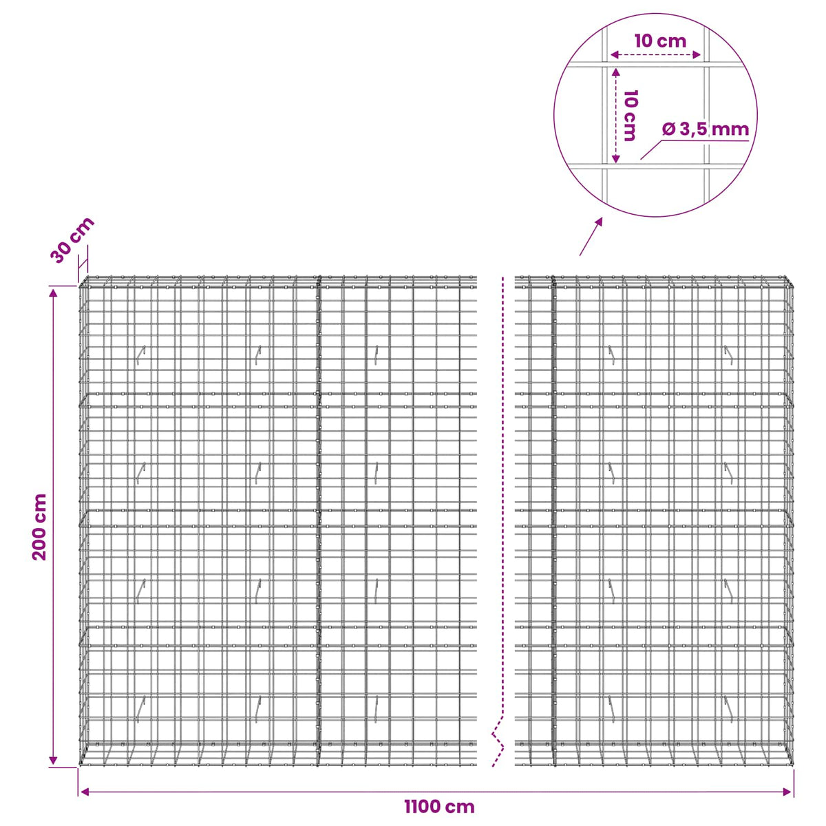 Gabionas su 3,5 mm viela ir 10x10 cm tinkleliu 1100x30x200 cm