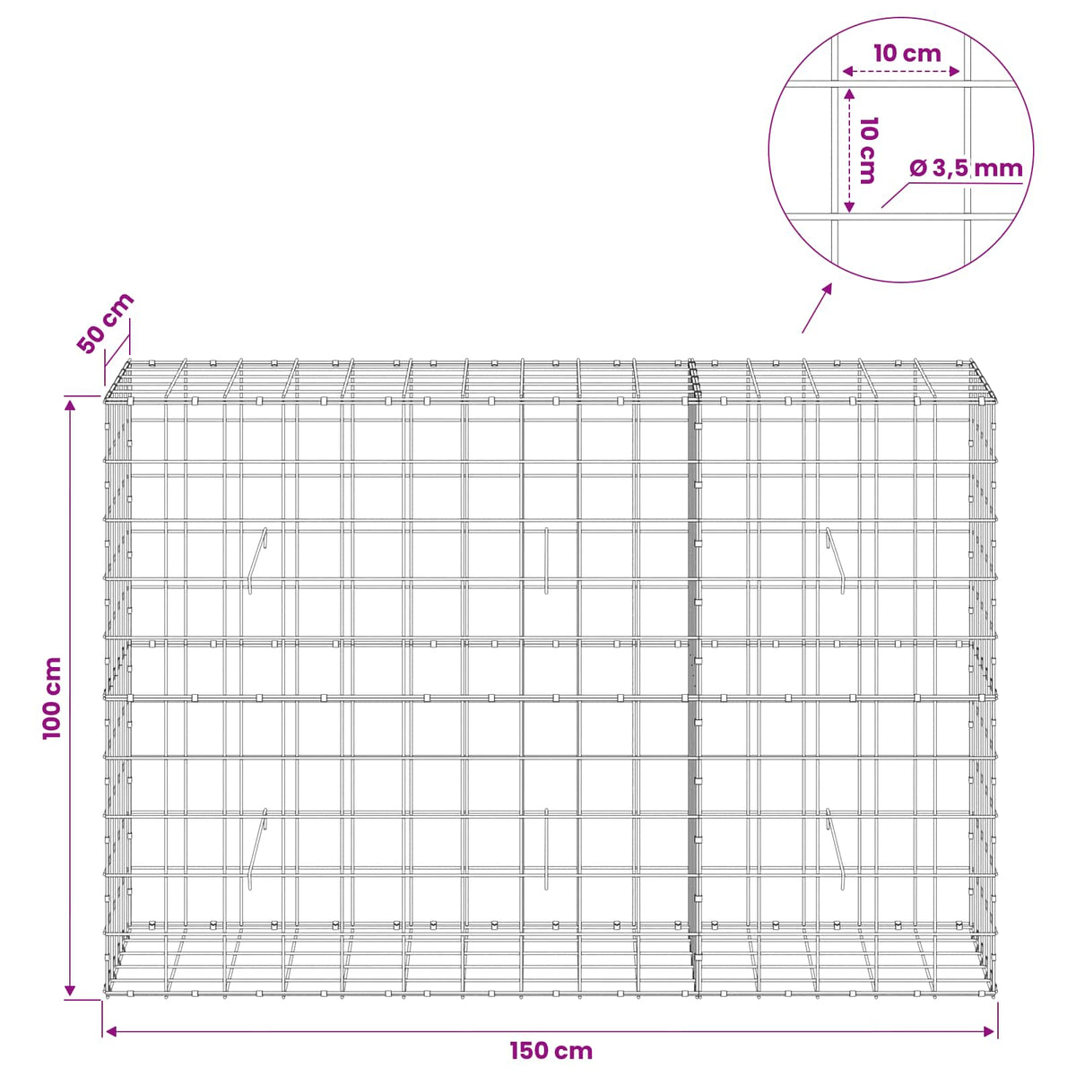Gabionas su 3,5 mm viela ir 10x10 cm tinkleliu 150x50x100 cm