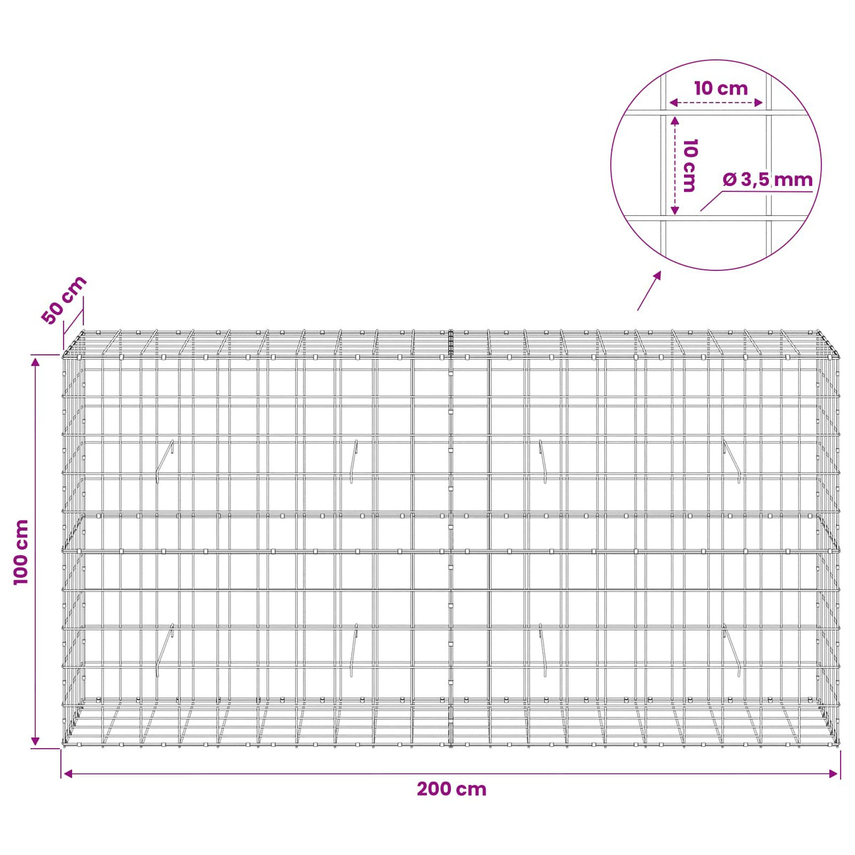 Gabionas su 3,5 mm viela ir 10x10 cm tinkleliu 200x50x100 cm