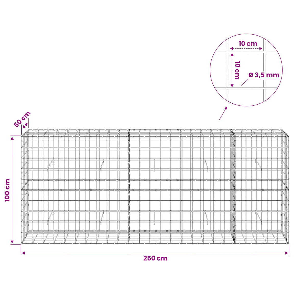 Gabionas su 3,5 mm viela ir 10x10 cm tinkleliu 250x50x100 cm