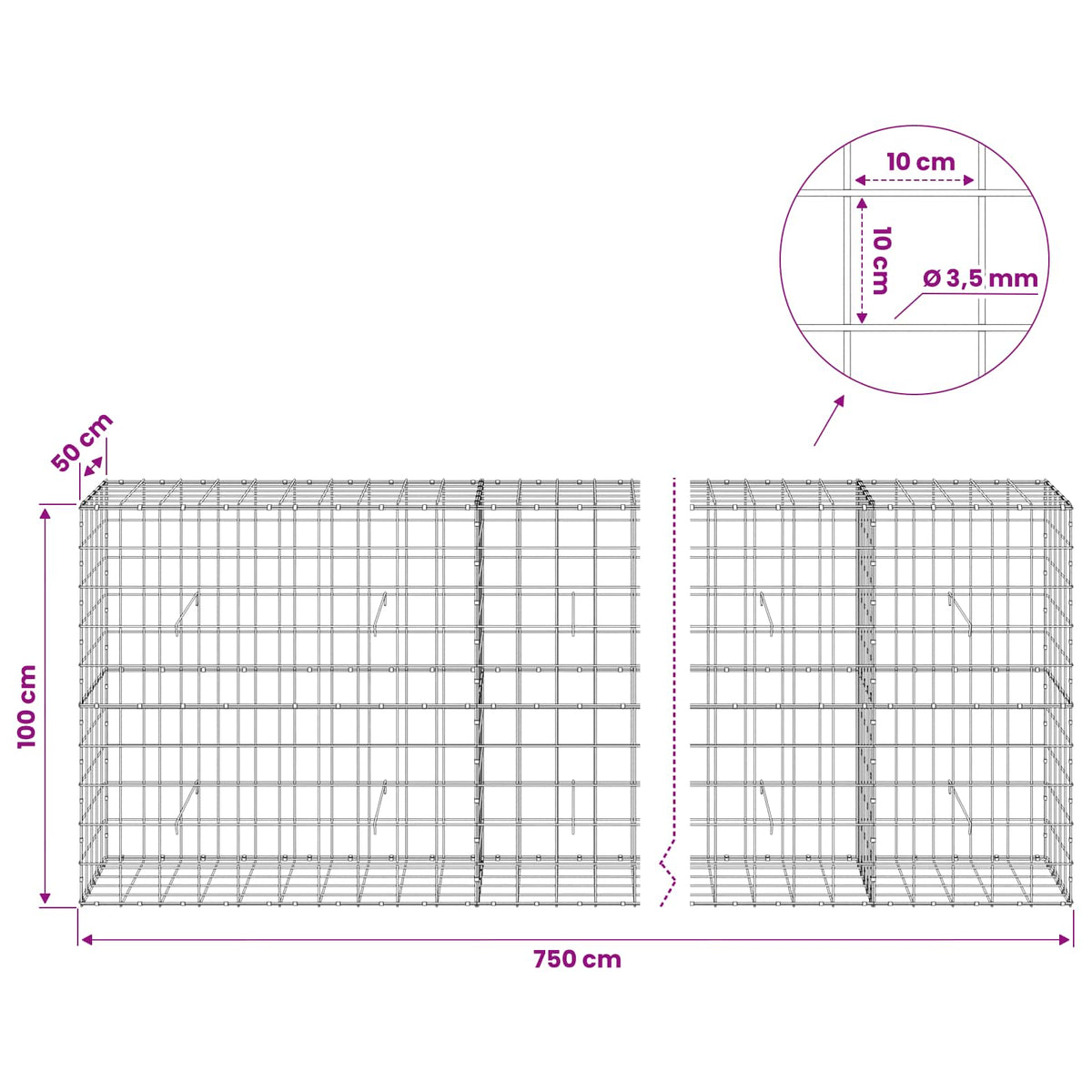 Gabionas su 3,5 mm viela ir 10x10 cm tinkleliu 750x50x100 cm