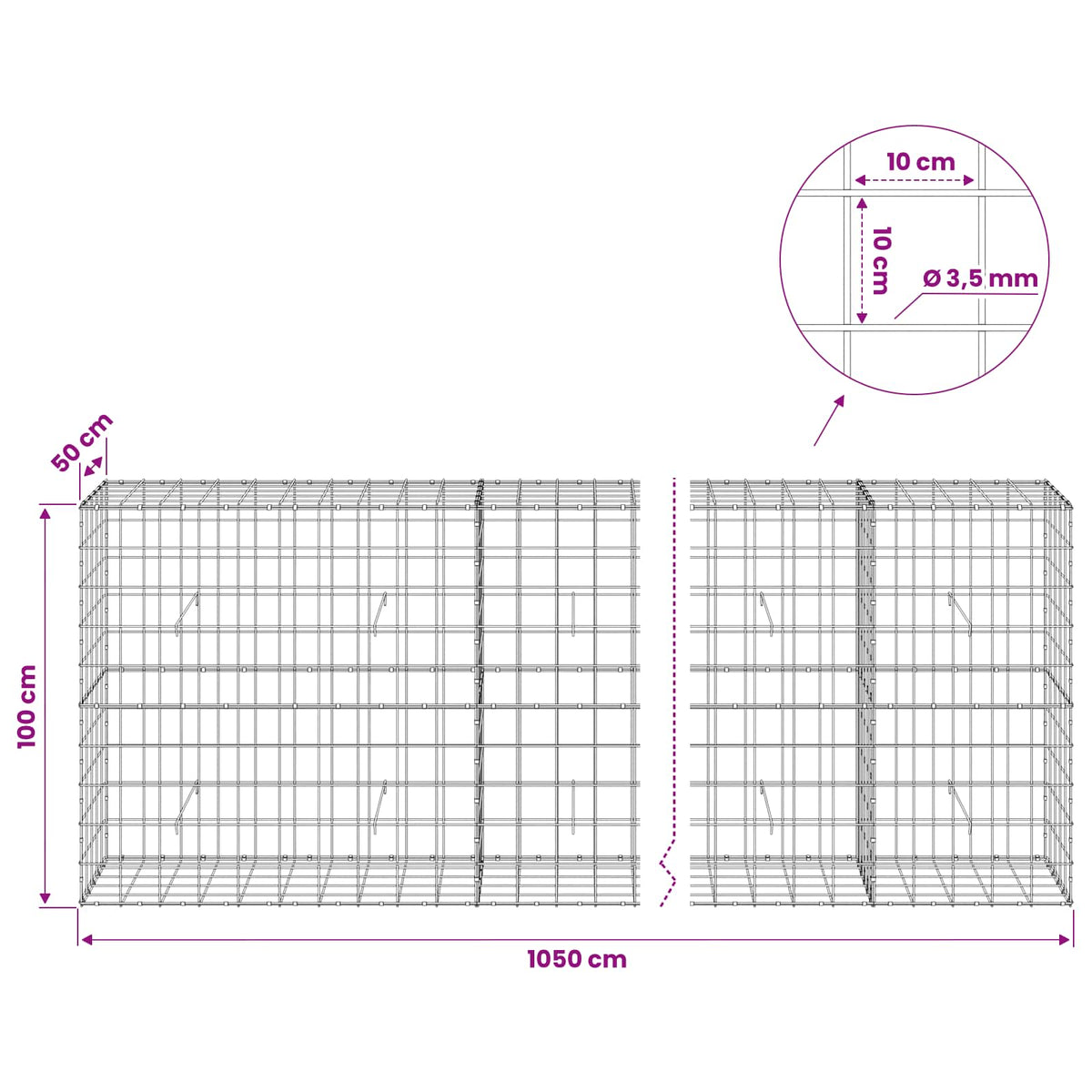 Gabionas su 3,5 mm viela ir 10x10 cm tinkleliu 1050x50x100 cm