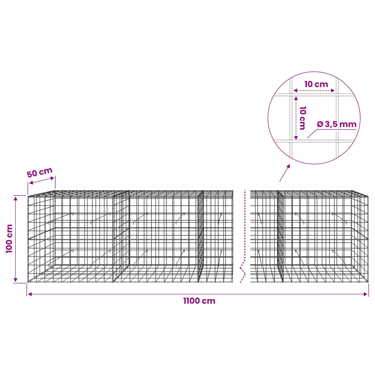 Gabionas su 3,5 mm viela ir 10x10 cm tinkleliu 1100x50x100 cm