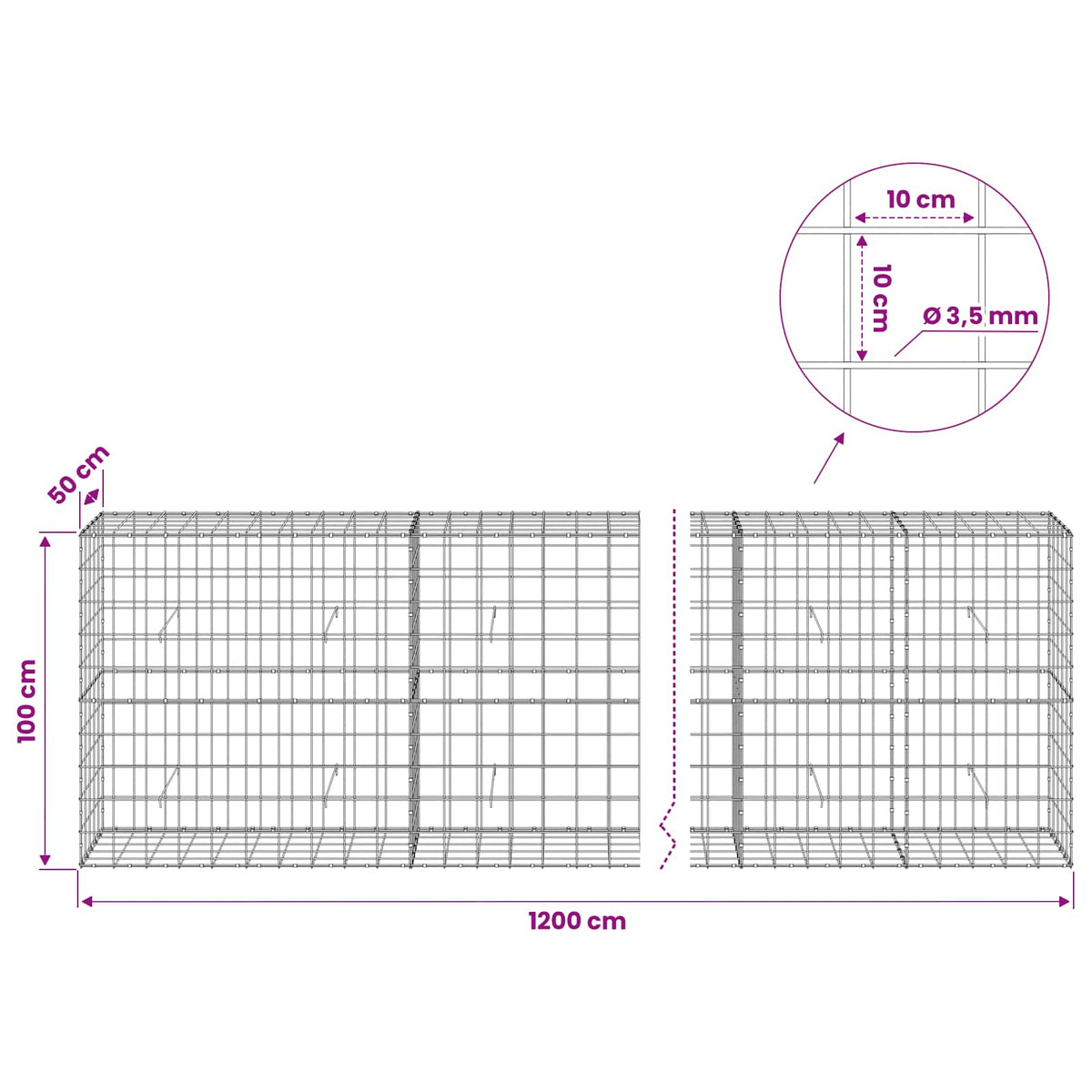 Gabionas su 3,5 mm viela ir 10x10 cm tinkleliu 1200x50x100 cm