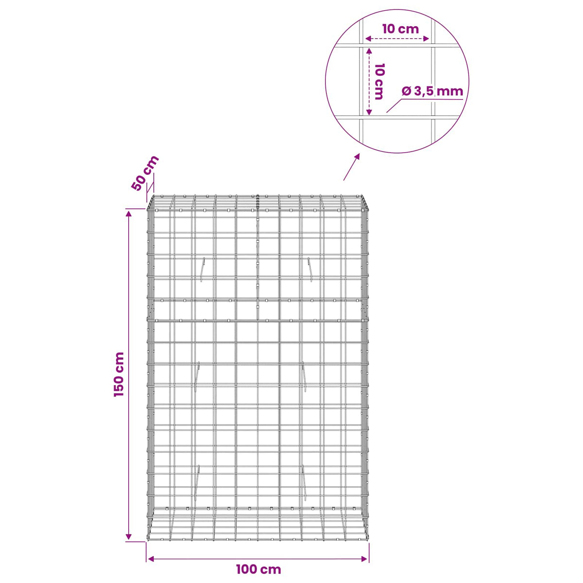 Gabionas su 3,5 mm viela ir 10x10 cm tinkleliu 100x50x150 cm