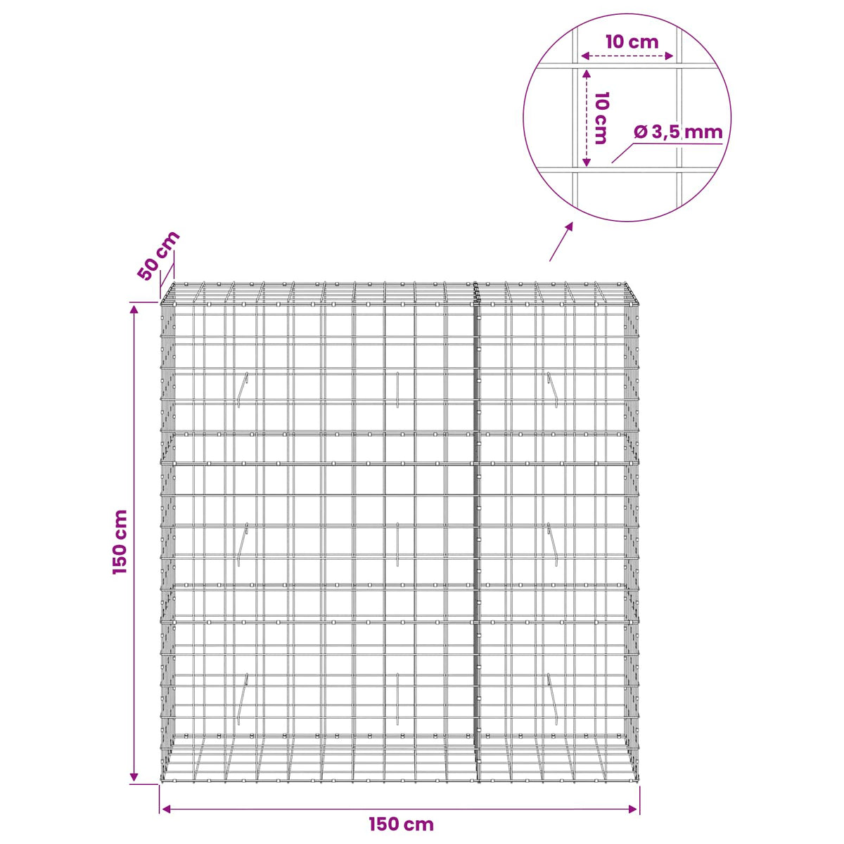 Gabionas su 3,5 mm viela ir 10x10 cm tinkleliu 150x50x150 cm