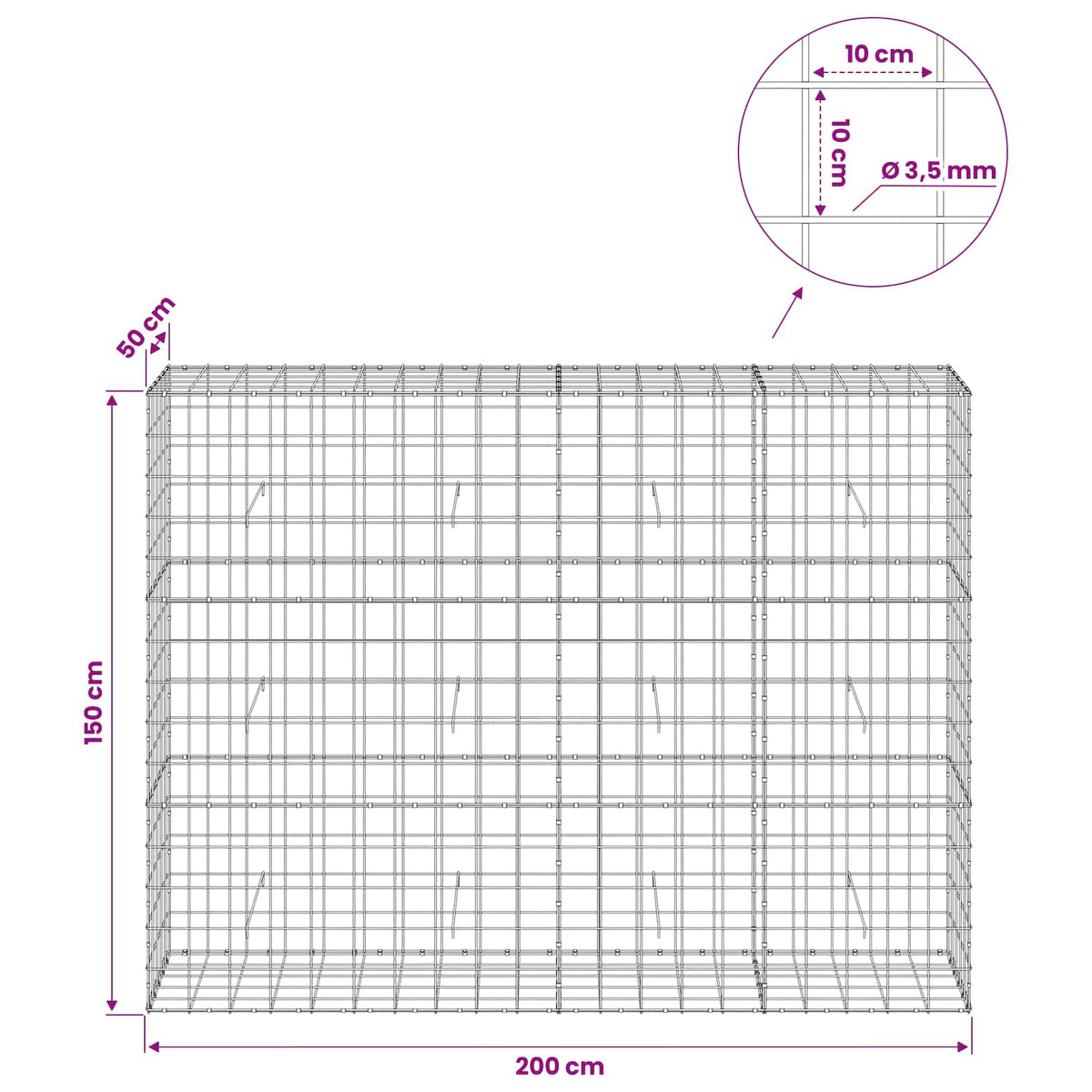 Gabionas su 3,5 mm viela ir 10x10 cm tinkleliu 200x50x150 cm
