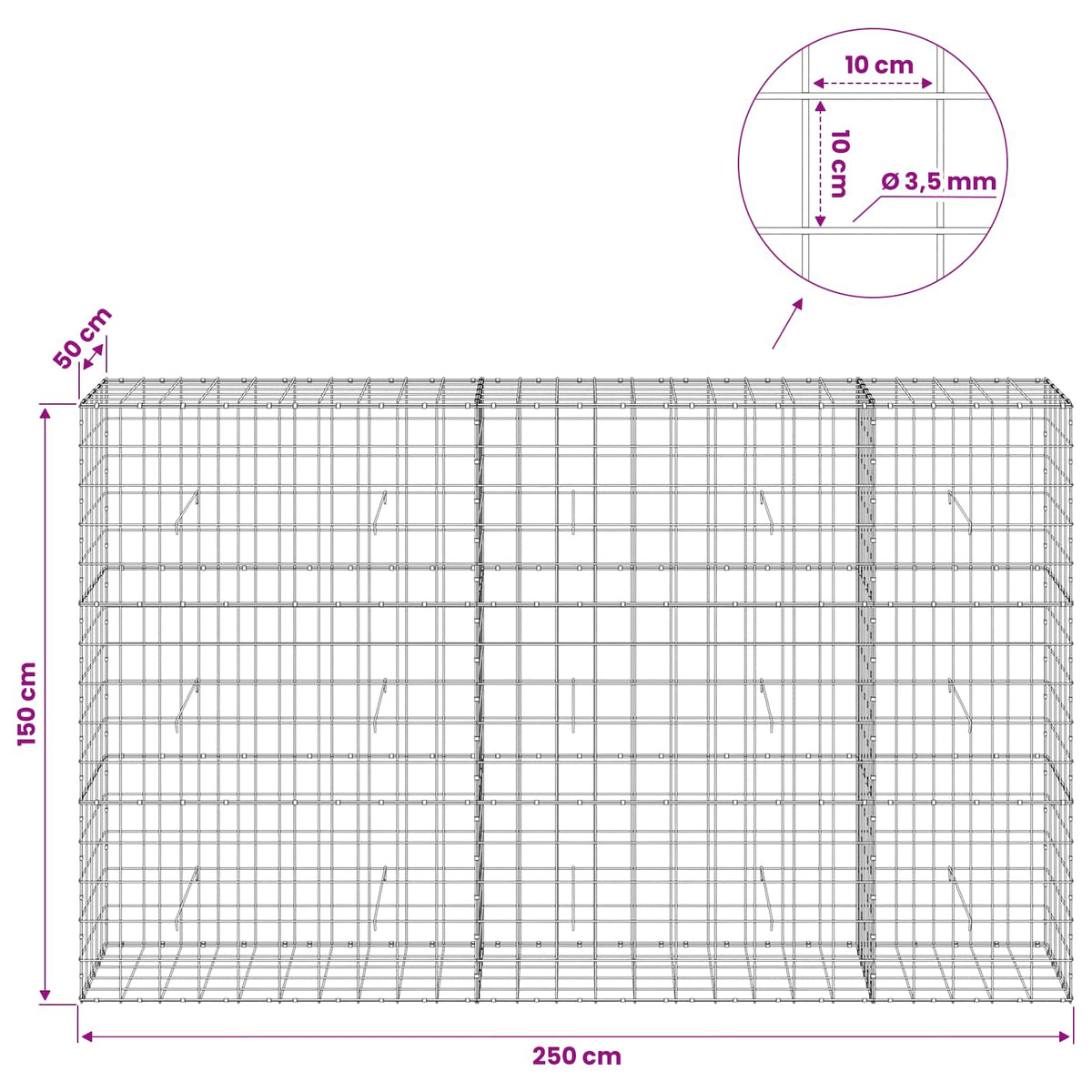 Gabionas su 3,5 mm viela ir 10x10 cm tinkleliu 250x50x150 cm