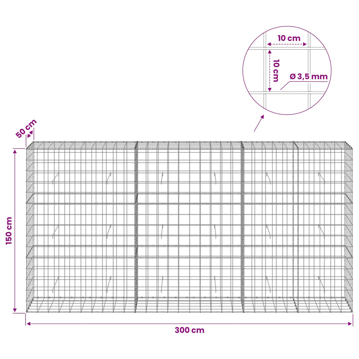 Gabionas su 3,5 mm viela ir 10x10 cm tinkleliu 300x50x150 cm