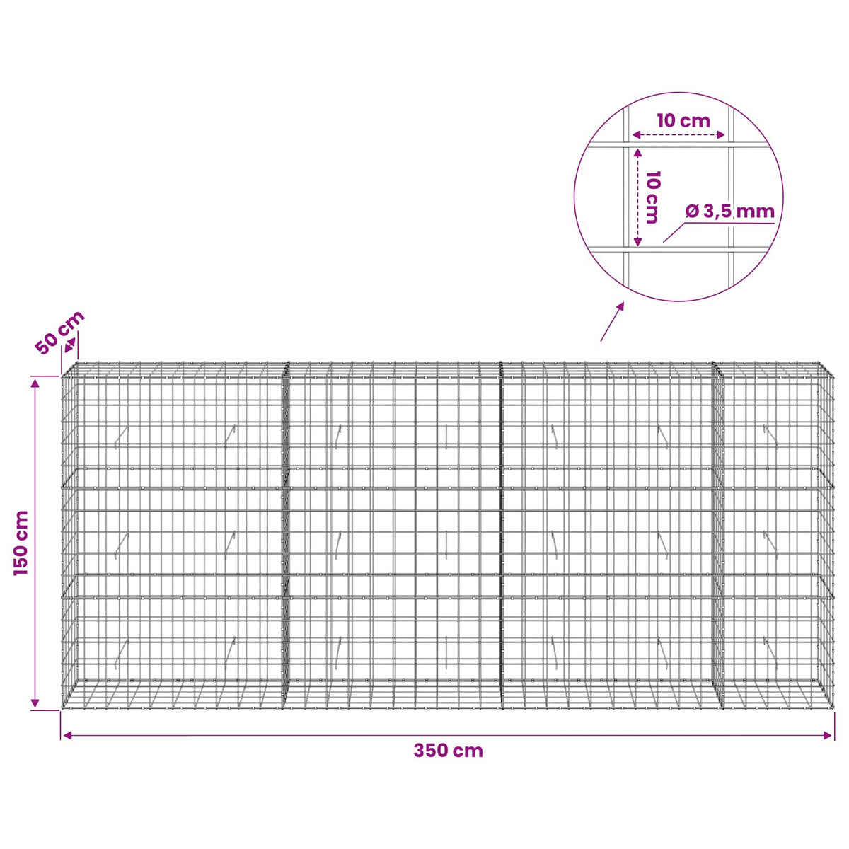 Gabionas su 3,5 mm viela ir 10x10 cm tinkleliu 350x50x150 cm