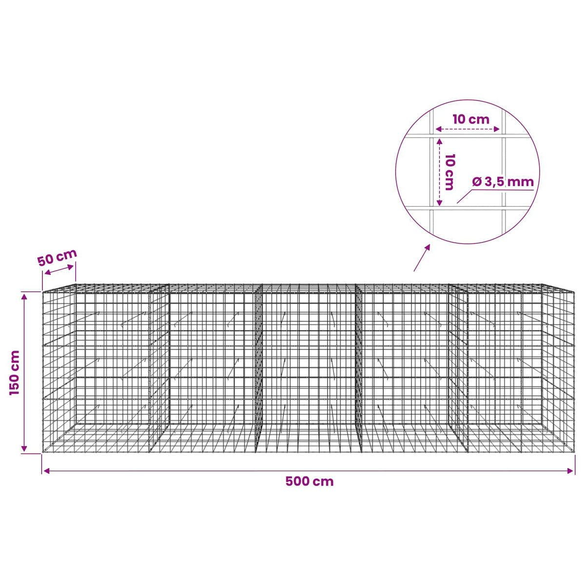 Gabionas su 3,5 mm viela ir 10x10 cm tinkleliu 500x50x150 cm