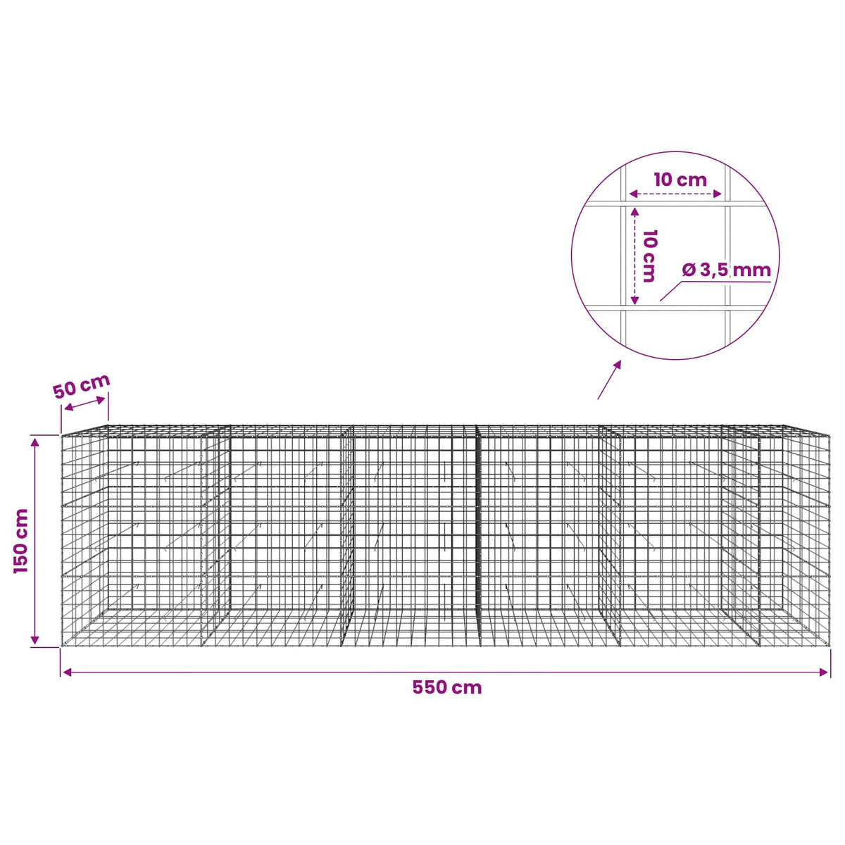 Gabionas su 3,5 mm viela ir 10x10 cm tinkleliu 550x50x150 cm