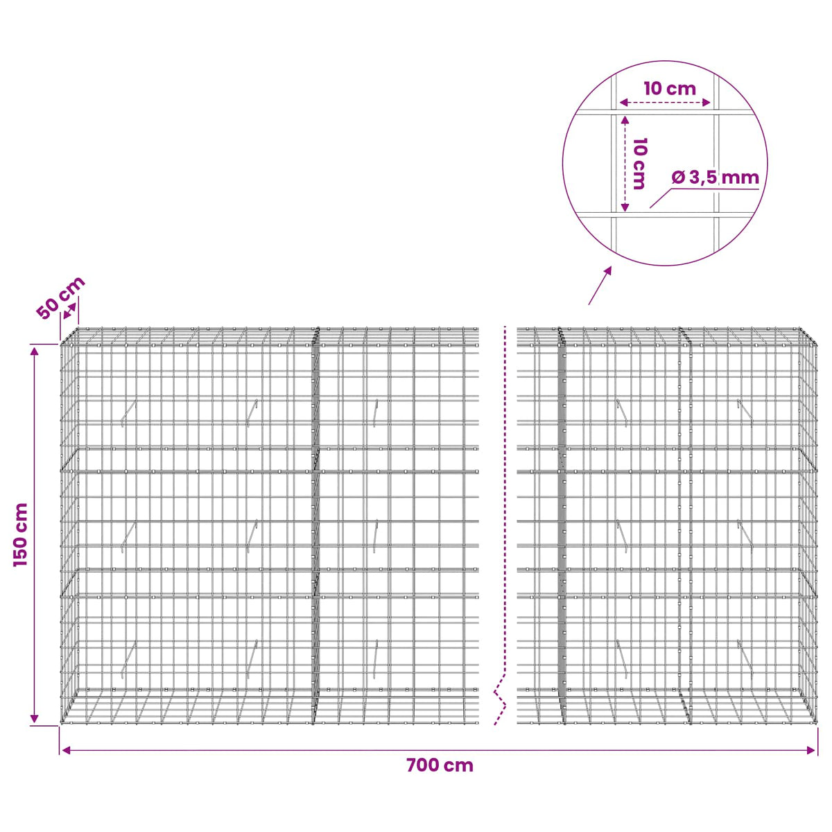 Gabionas su 3,5 mm viela ir 10x10 cm tinkleliu 700x50x150 cm