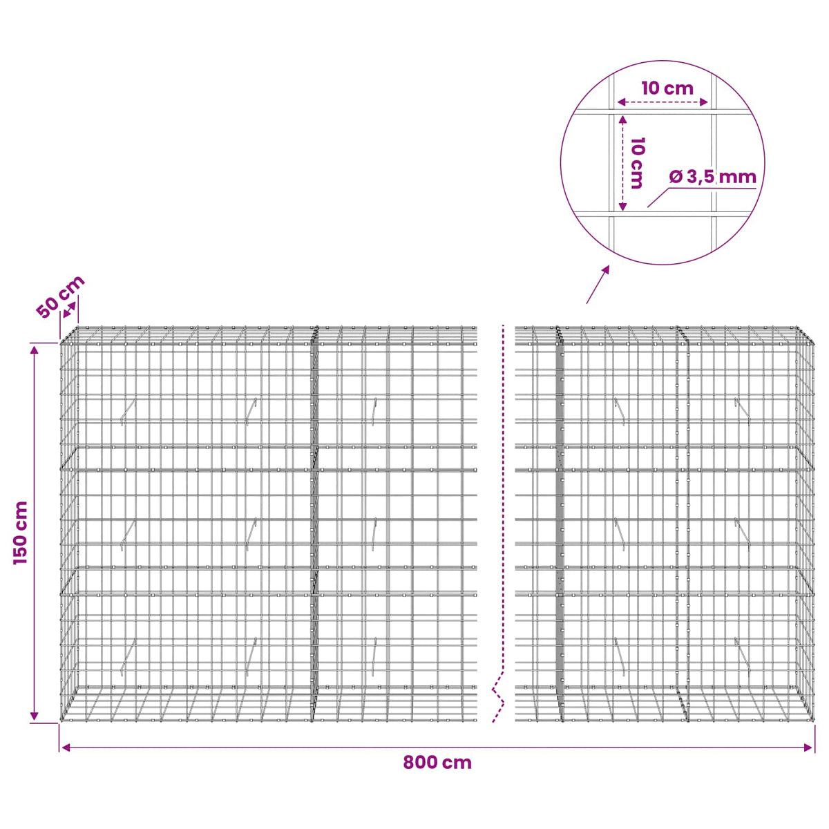 Gabionas su 3,5 mm viela ir 10x10 cm tinkleliu 800x50x150 cm