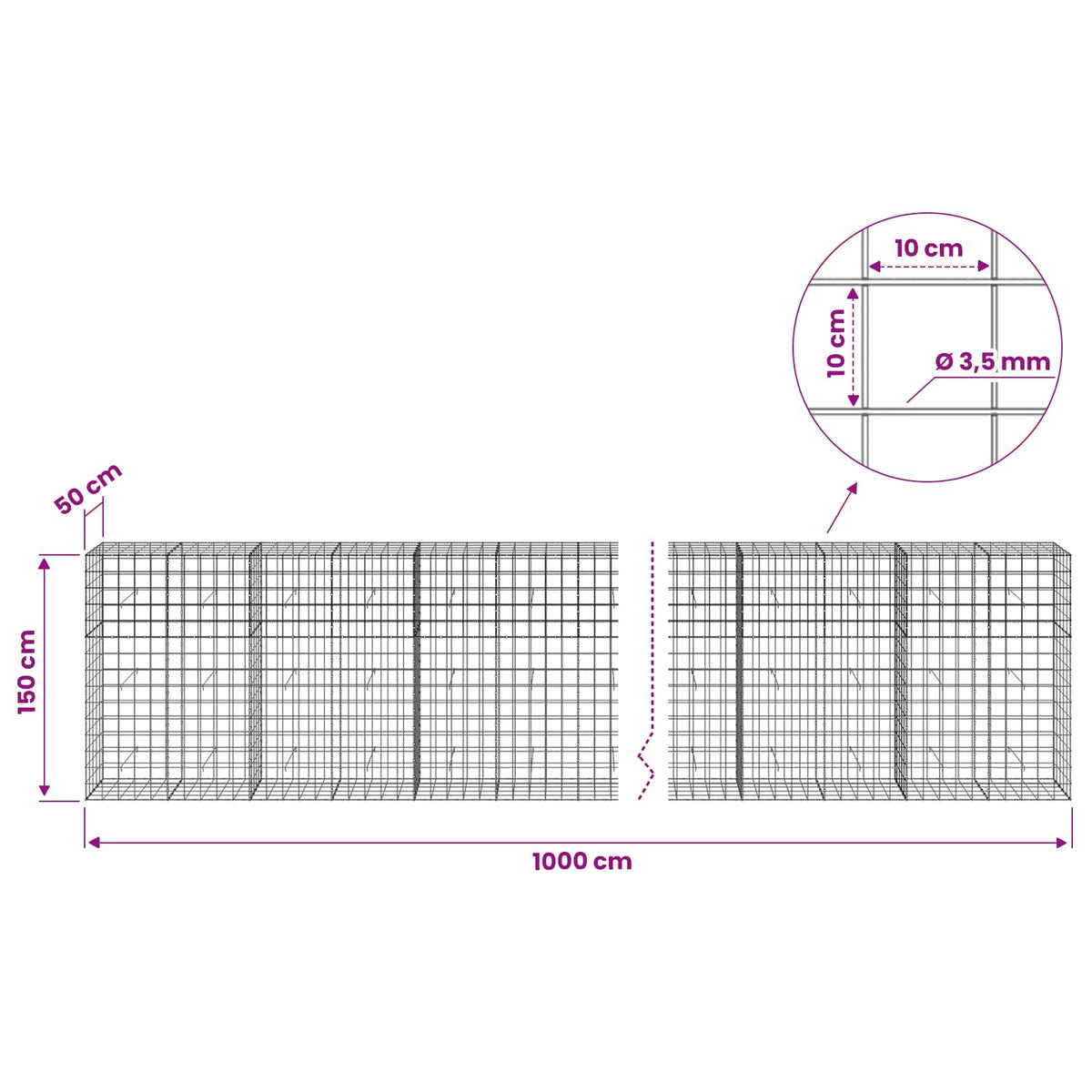 Gabionas su 3,5 mm viela ir 10x10 cm tinkleliu 1000x50x150 cm