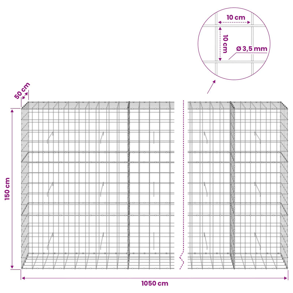 Gabionas su 3,5 mm viela ir 10x10 cm tinkleliu 1050x50x150 cm