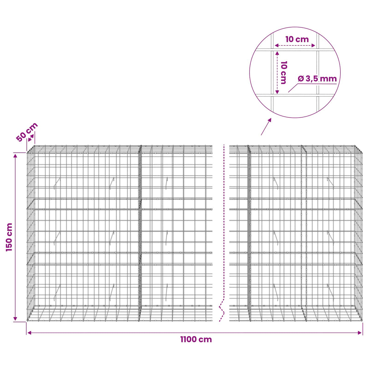 Gabionas su 3,5 mm viela ir 10x10 cm tinkleliu 1100x50x150 cm