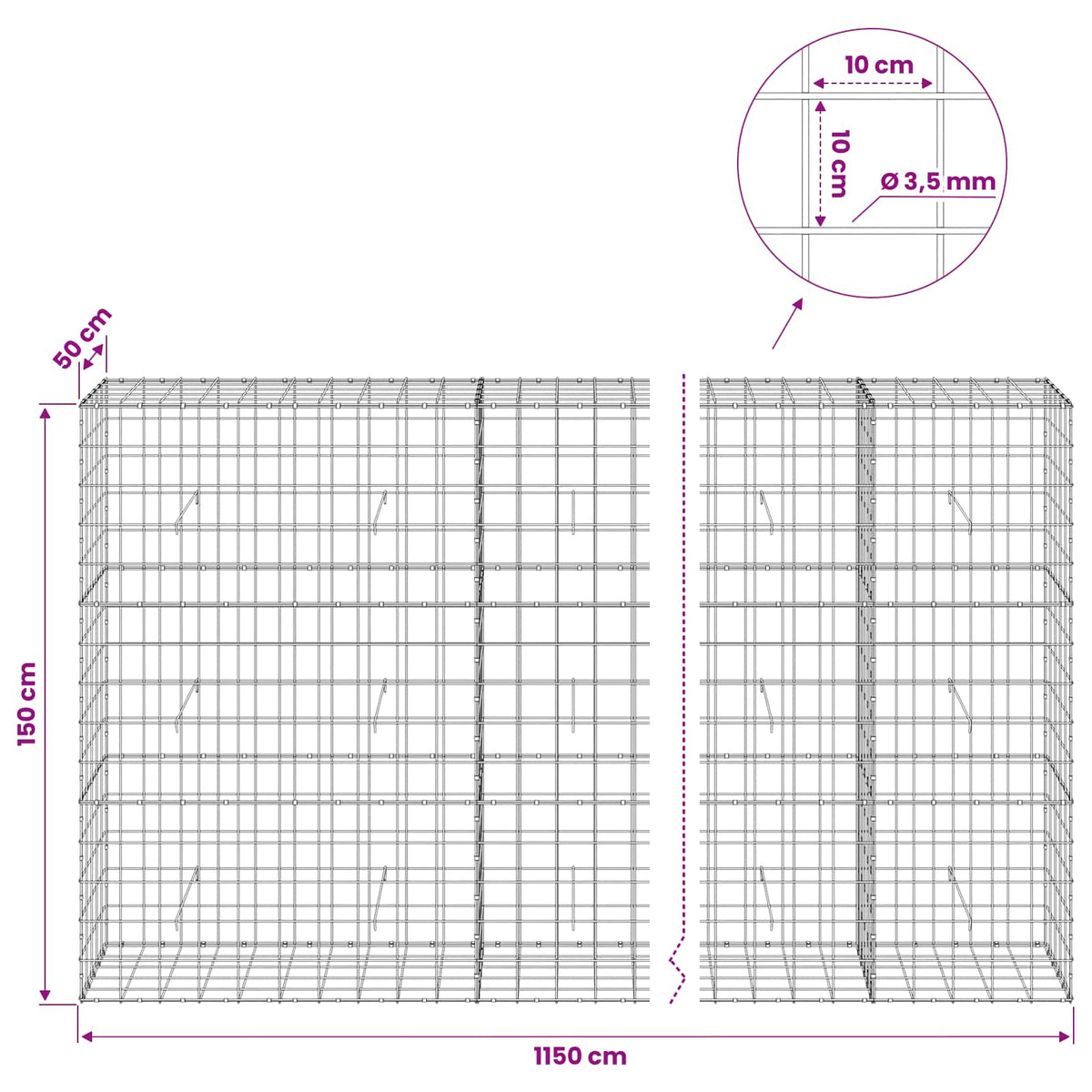 Gabionas su 3,5 mm viela ir 10x10 cm tinkleliu 1150x50x150 cm