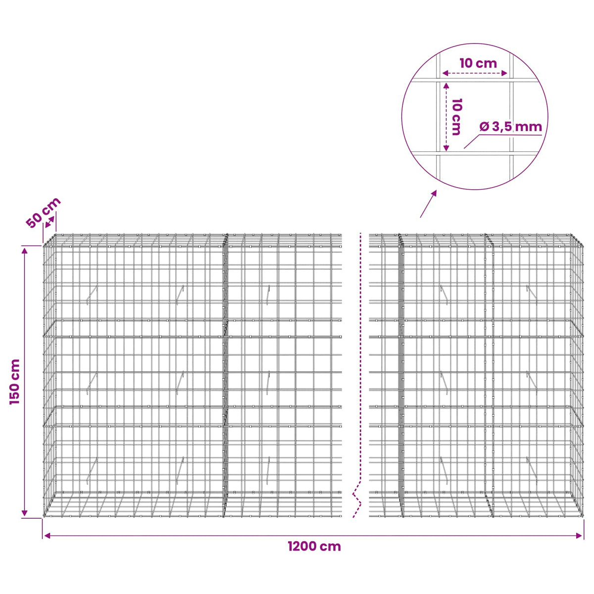 Gabionas su 3,5 mm viela ir 10x10 cm tinkleliu 1200x50x150 cm