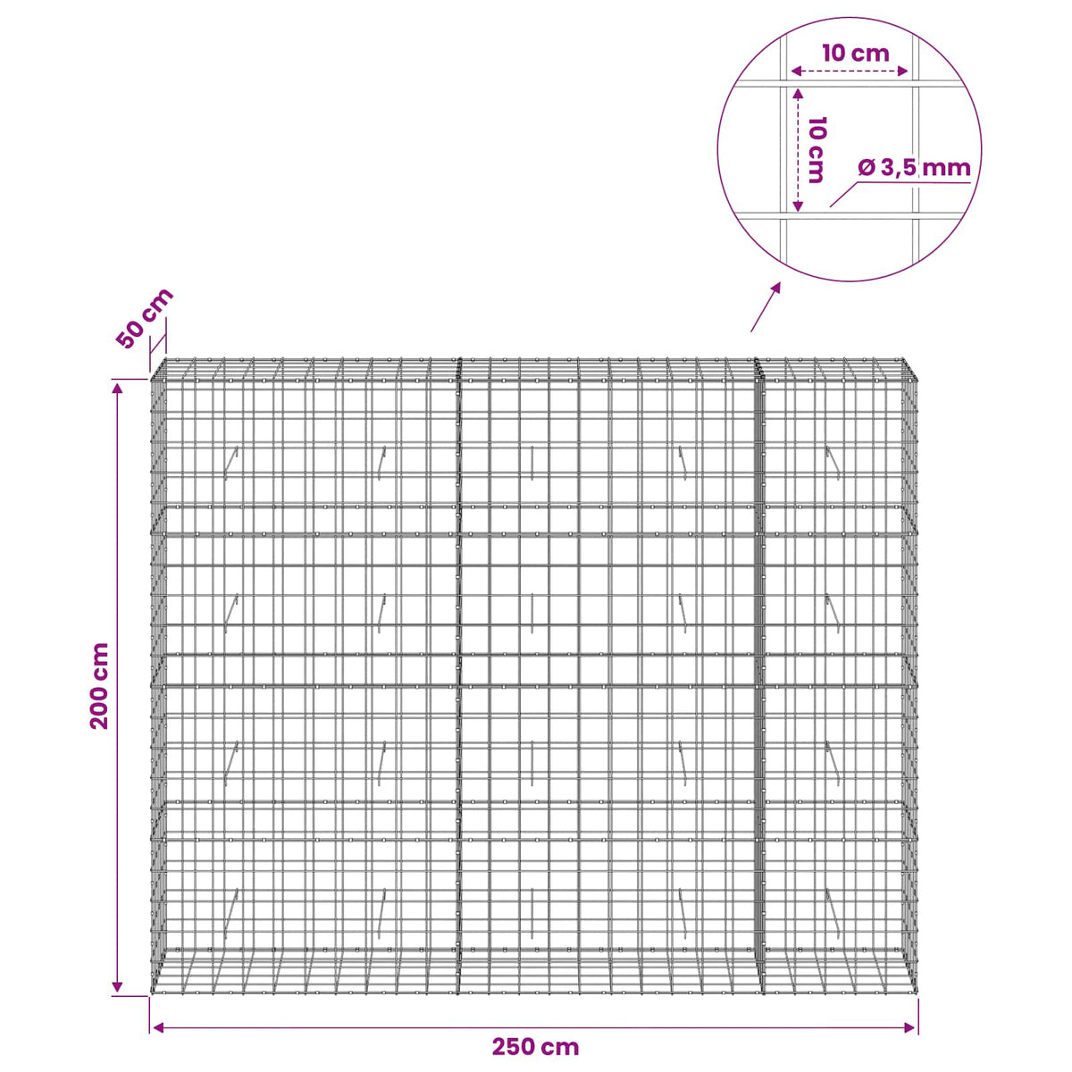 Gabionas su 3,5 mm viela ir 10x10 cm tinkleliu 250x50x200 cm
