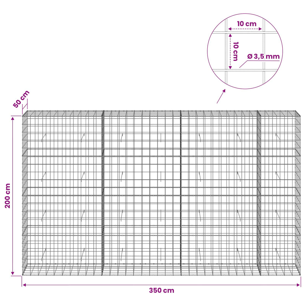 Gabionas su 3,5 mm viela ir 10x10 cm tinkleliu 350x50x200 cm