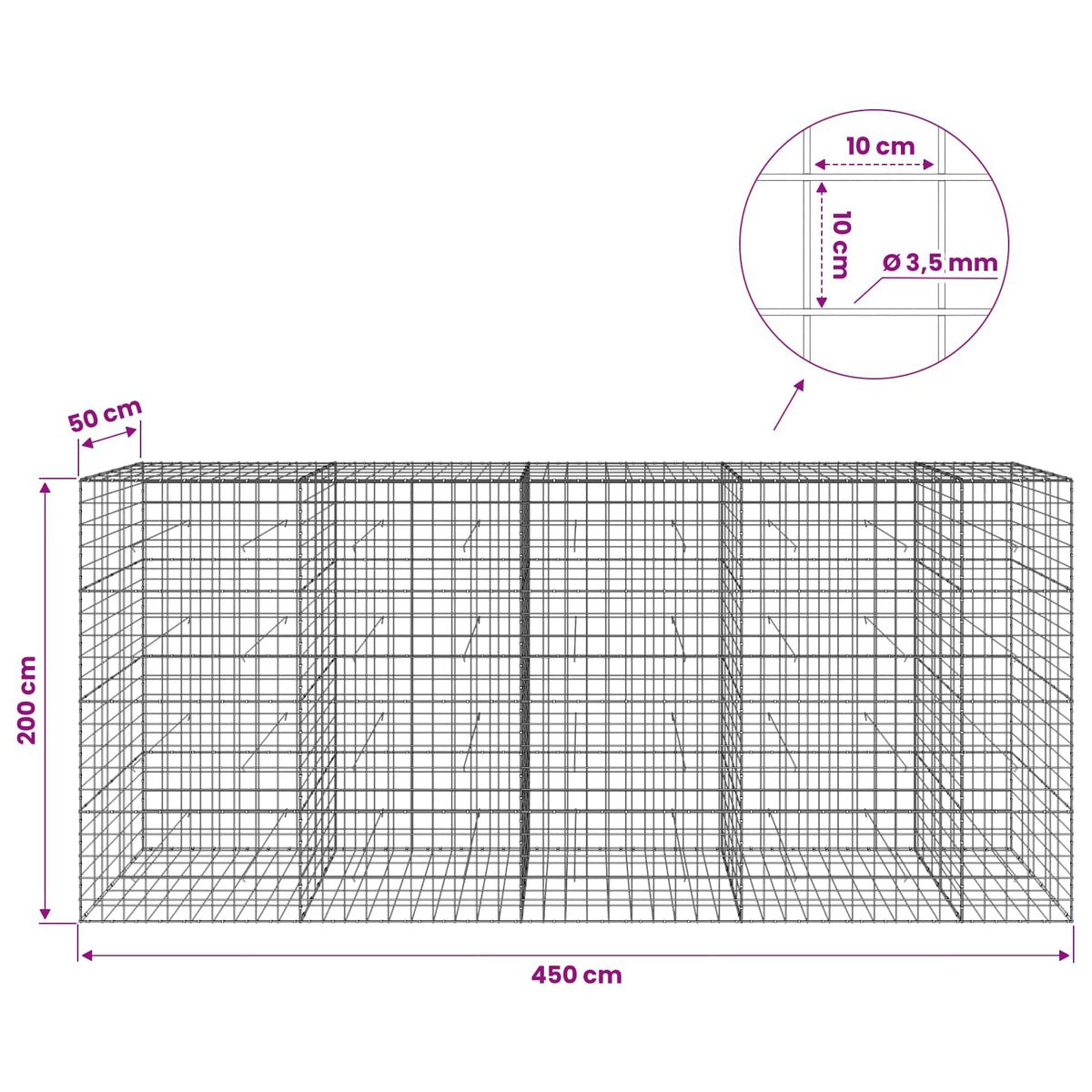 Gabionas su 3,5 mm viela ir 10x10 cm tinkleliu 450x50x200 cm