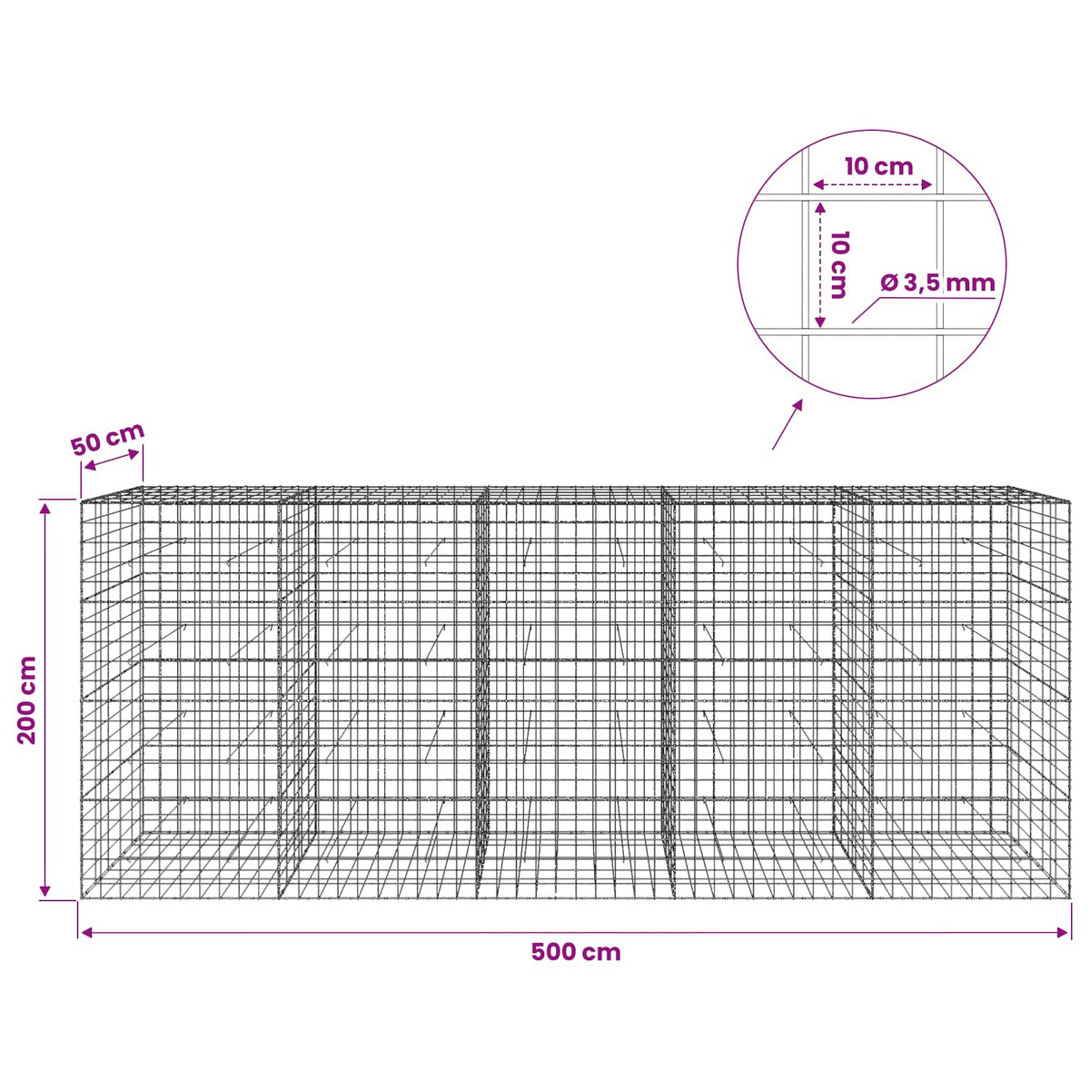 Gabionas su 3,5 mm viela ir 10x10 cm tinkleliu 500x50x200 cm