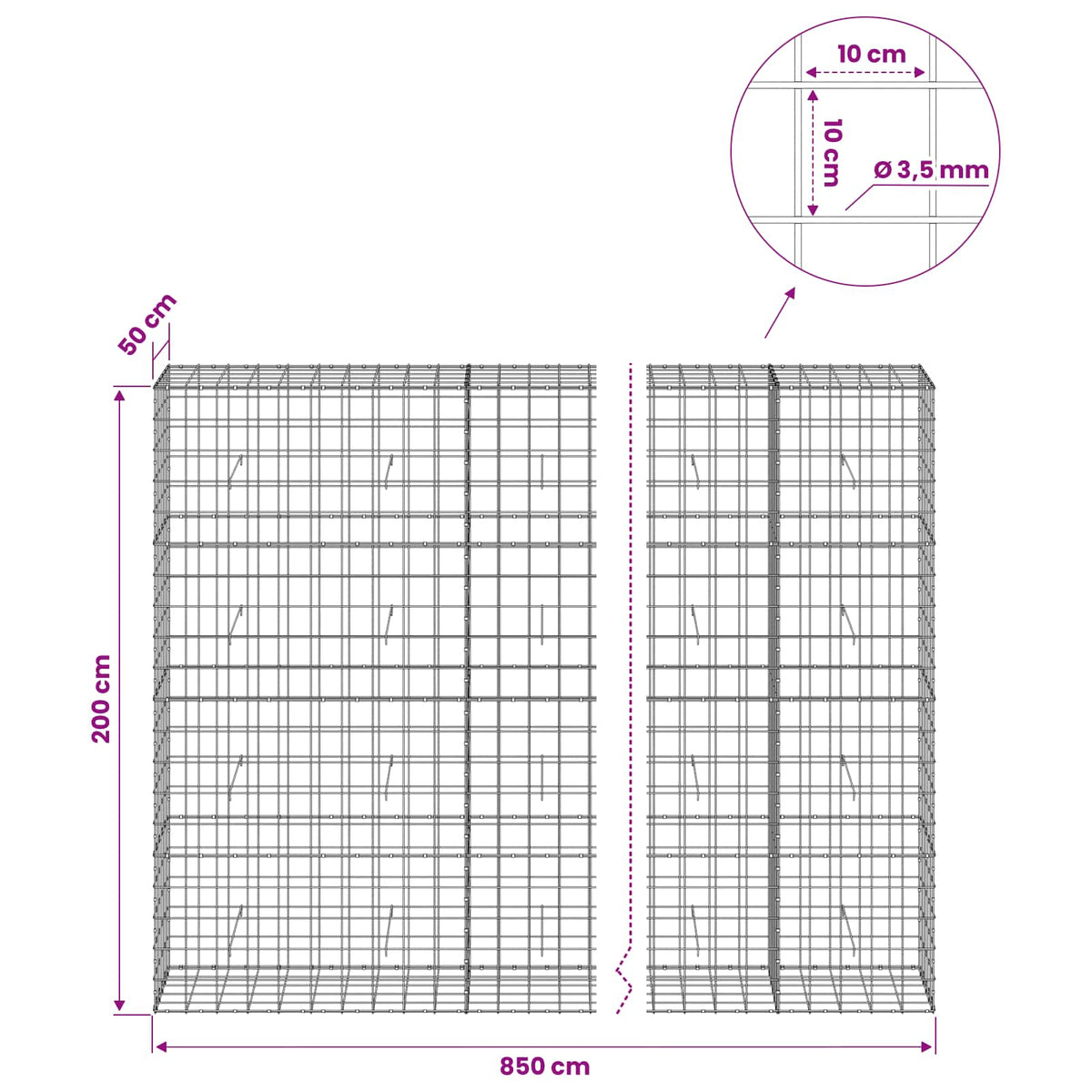 Gabionas su 3,5 mm viela ir 10x10 cm tinkleliu 850x50x200 cm