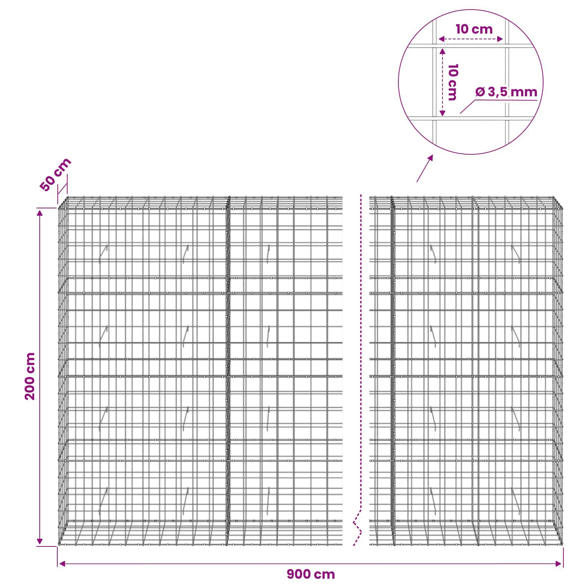 Gabionas su 3,5 mm viela ir 10x10 cm tinkleliu 900x50x200 cm