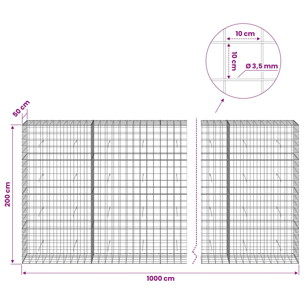 Gabionas su 3,5 mm viela ir 10x10 cm tinkleliu 1000x50x200 cm