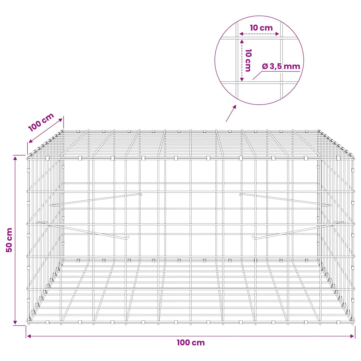 Gabionas su 3,5 mm viela ir 10x10 cm tinkleliu 100x100x50 cm