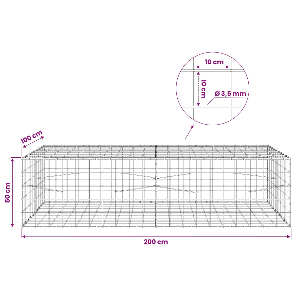 Gabionas su 3,5 mm viela ir 10x10 cm tinkleliu 200x100x50 cm