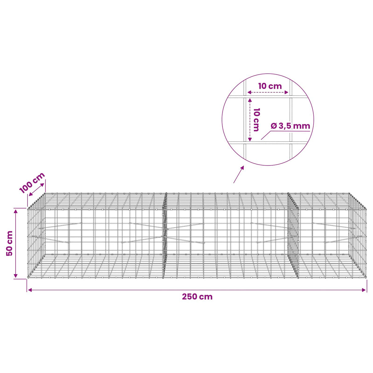 Gabionas su 3,5 mm viela ir 10x10 cm tinkleliu 250x100x50 cm