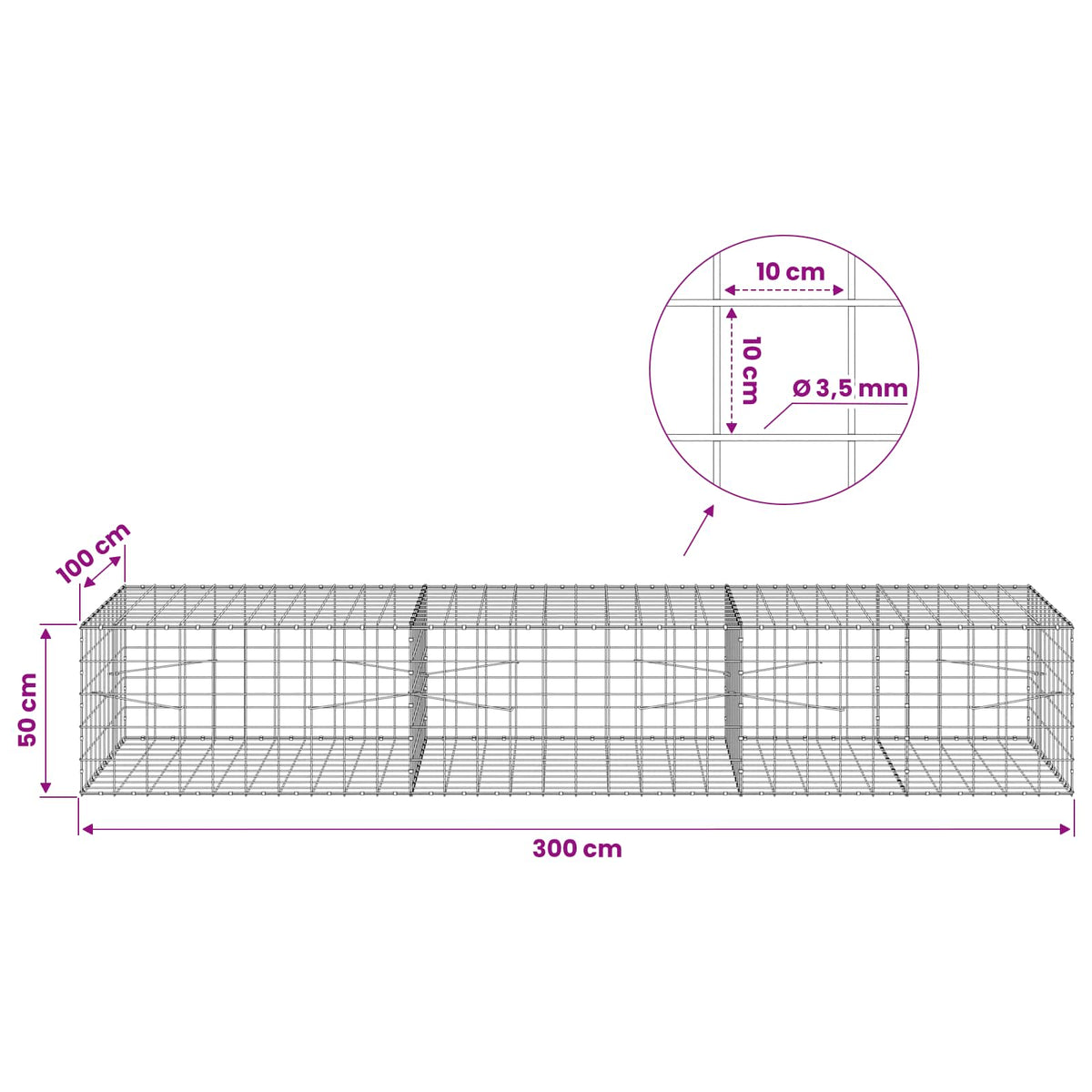 Gabionas su 3,5 mm viela ir 10x10 cm tinkleliu 300x100x50 cm