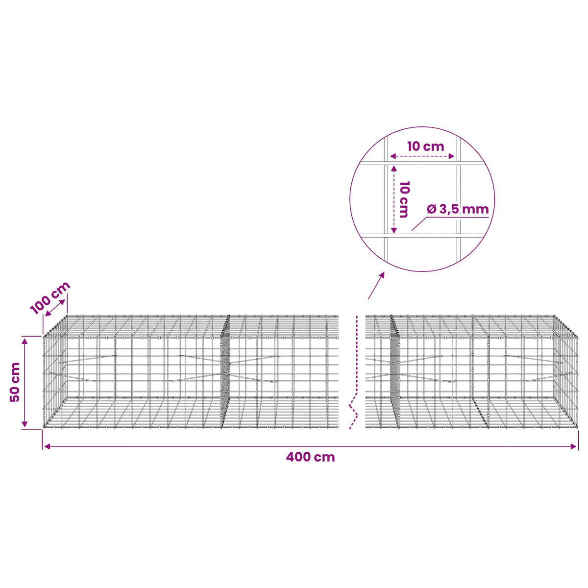 Gabionas su 3,5 mm viela ir 10x10 cm tinkleliu 400x100x50 cm