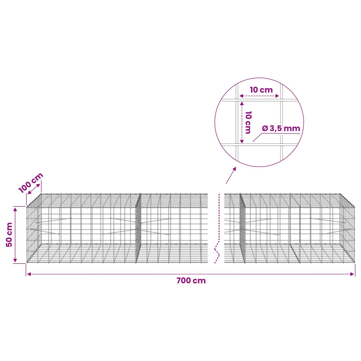 Gabionas su 3,5 mm viela ir 10x10 cm tinkleliu 700x100x50 cm